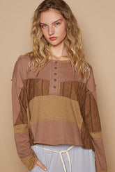 POL Half Button Color Block Drop Shoulder Knit Top Dark Brown OutfitFlow
